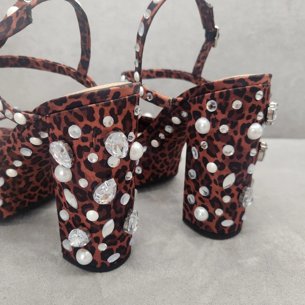 Gianni Bini Platform Sandals 8 Brown Leopard Satin Calvan Two Jeweled New $150 - Picture 13 of 17